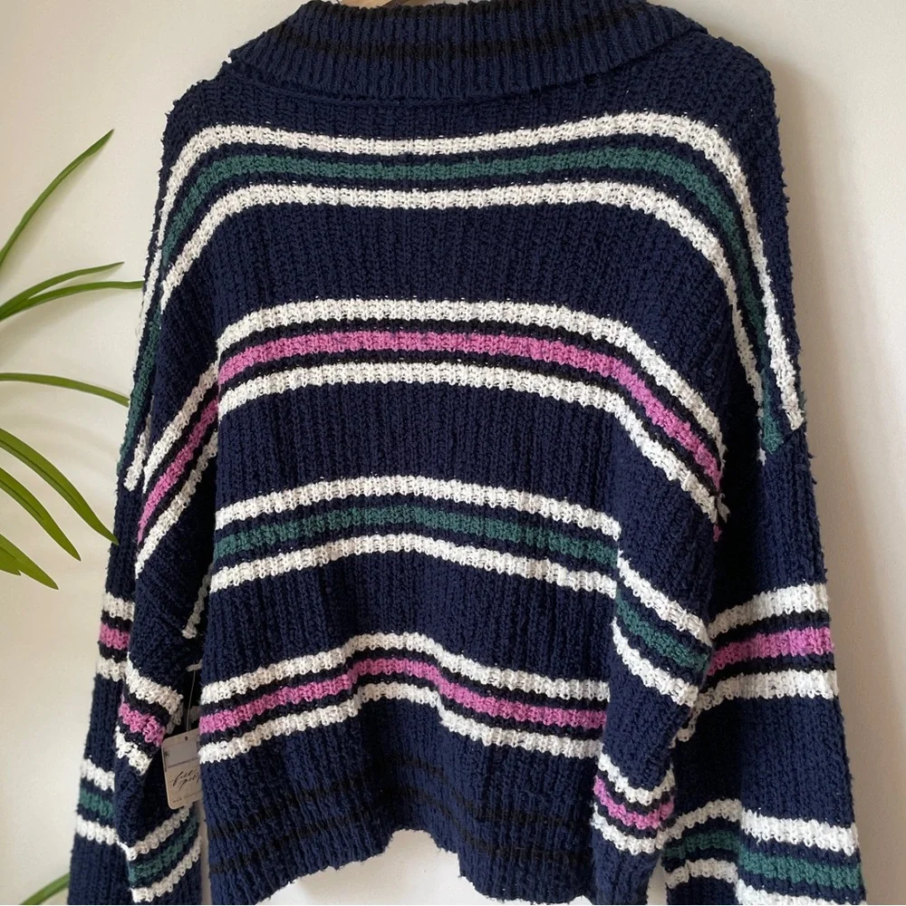 Free People Navy V-Neck Striped Sweater with Pink, Green & White Accents